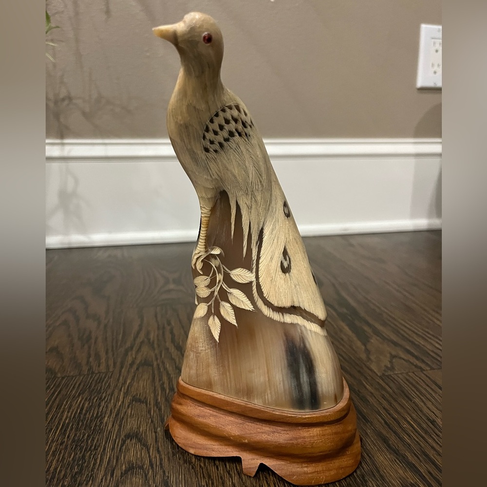 Hand crafted buffalo horn peacock unique elegant bird on wood base